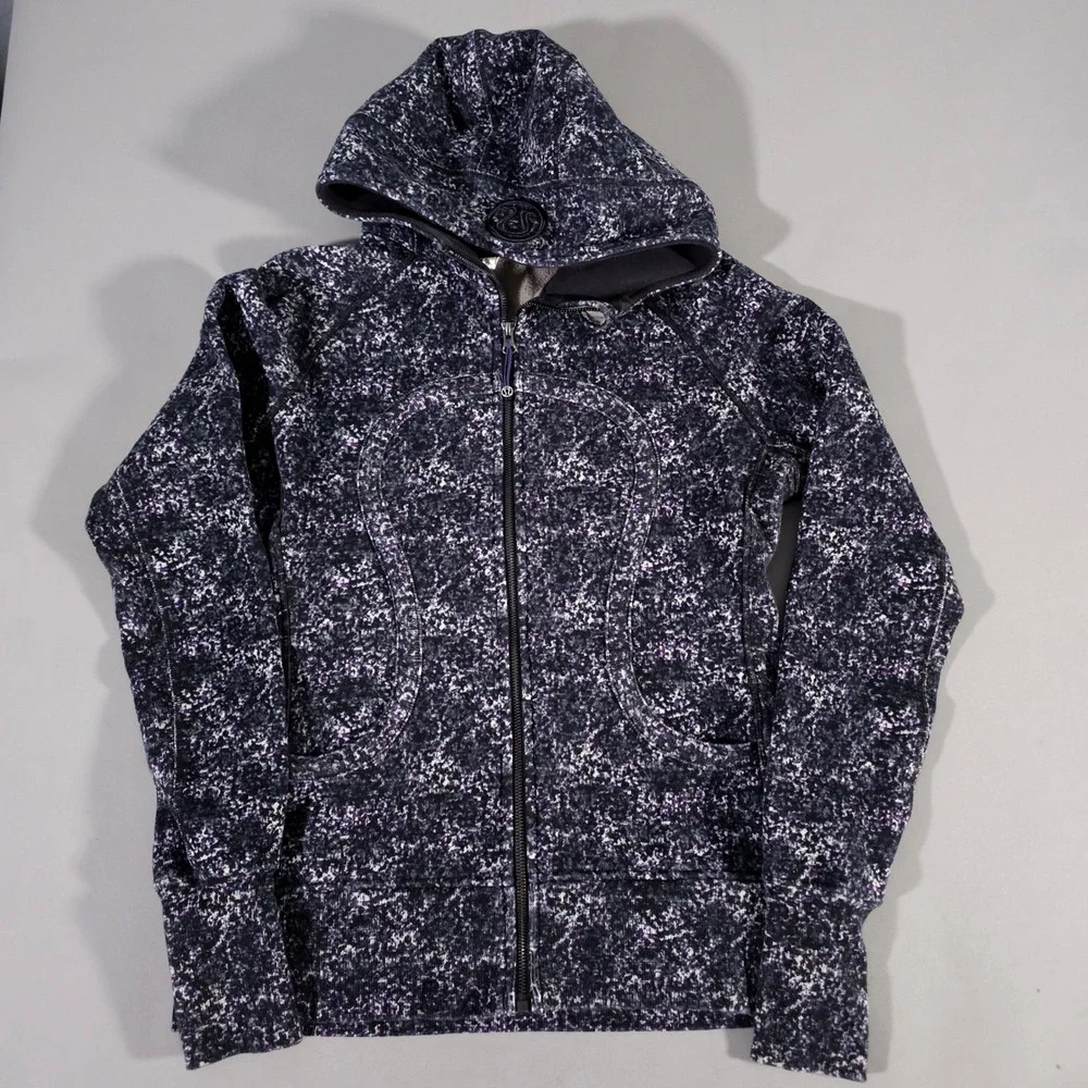 Lululemon Scuba Hoodie Women 10 Purple Black Static Print Full Zip Fleece Jacket